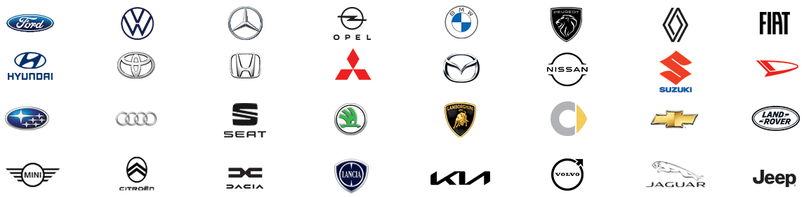 FORD VOLKSWAGEN MERCEDES-BENZ OPEL BMW PEUGEOT RENAULT FIAT HYUNDAI TOYOTA HONDA MITSUBISHI MAZDA SUZUKI DAIHATSU SUBARU AUDI SEAT SKODA LAMBORGHINI SMART CHEVROLET LAND ROVER MINI CITROEN DACIA LANCIA KIA VOLVO JAGUAR JEEP